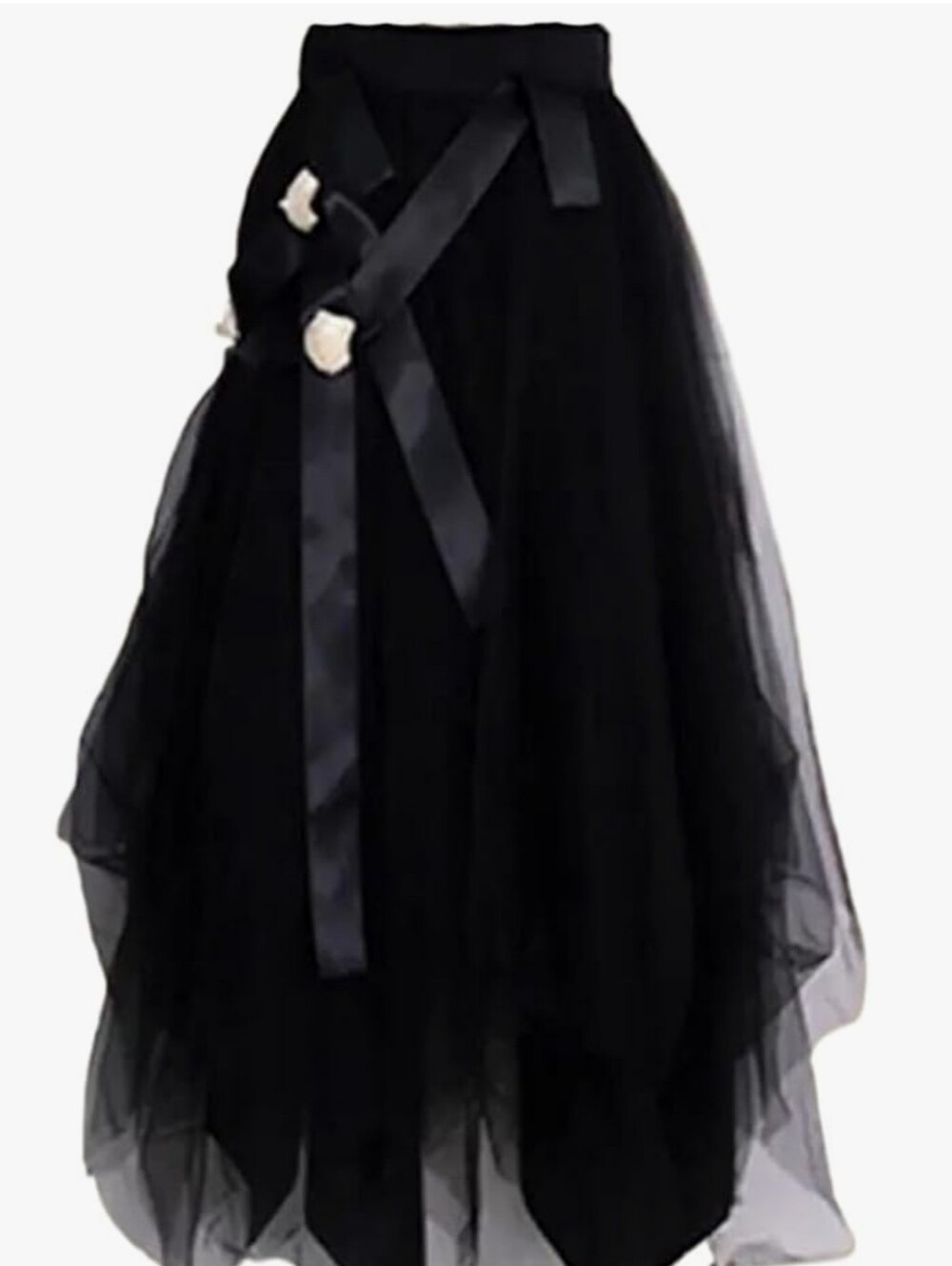 Black Tulle Midi Skirt with Ribbon Detail